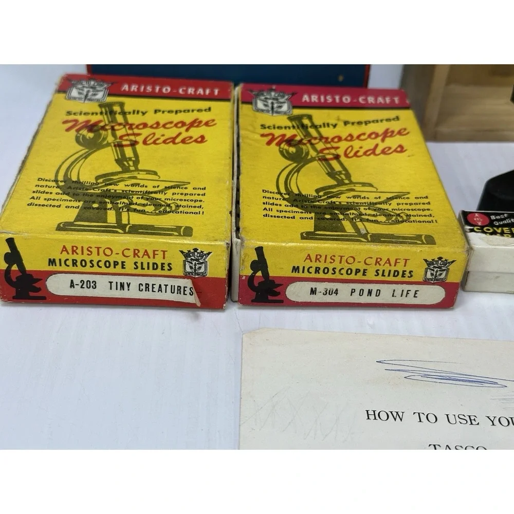 Vtg Tasco Deluxe 600x Microscope Wood Case 2 Boxes Slides Manual Original Box